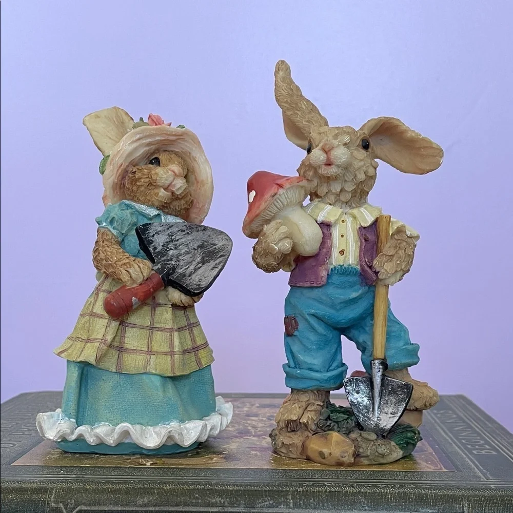 Charming Bunny Figurines with Garden Tools